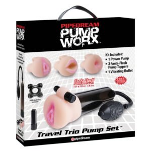 Pump Worx - Pompka do penisa Travel Trio i zestaw miękkich realistycznych nakładek usta, pochwa, anus oraz dodatkowe wibracje