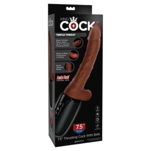 King Cock Plus - Realistyczny wibrator posuwisty z jądrami. Długość 19cm, ruch posuwisty 2,5cm, wibracje 7 poziomów, podgrzewanie do temp. ciała, kolor brązowy